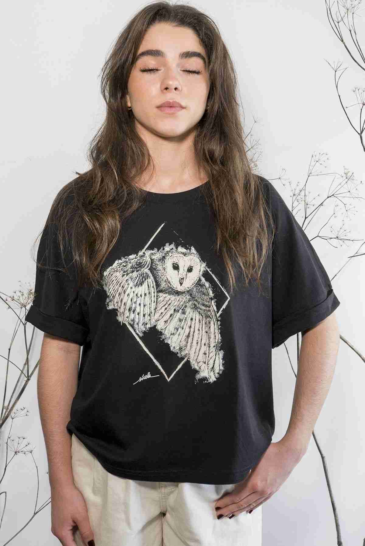 Camiseta mujer Lechuza manga corta aves nocturnas-sirem wild